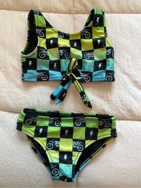 Toddler Checkered Neon Green & Teal Motorcycle Bikini Set